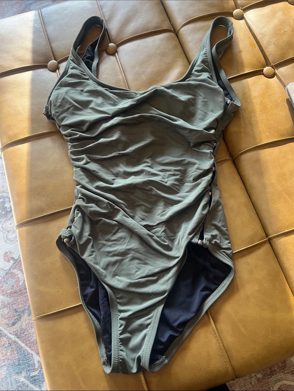 Womens Olive Green One-Piece Swimsuit - Ruched Front